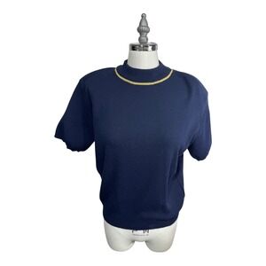 Norton McNaughton Vintage Navy Knit Top Gold Crew Neck Short Sleeve Women's M‎